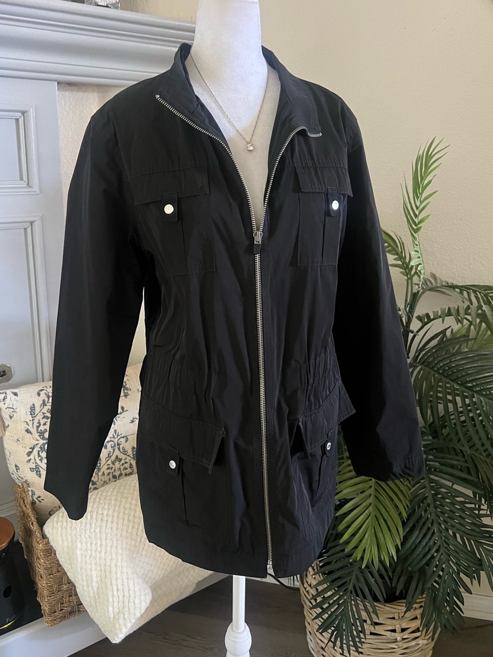 Classic Black Utility Zip Jacket with Pocket Details